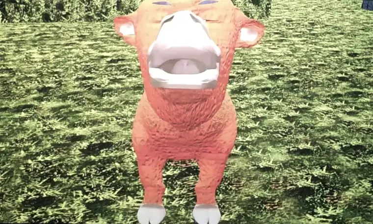 Niu Lai frame: a pink ox standing in grass with its mouth wide open