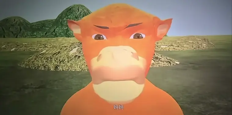 Niu Lai frame: an orange ox frowning in close-up