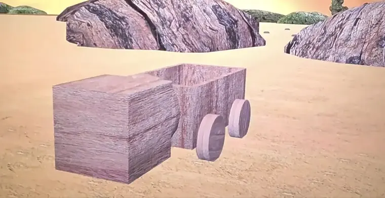 Niu Lai frame: a rectangular box with wheels on open ground