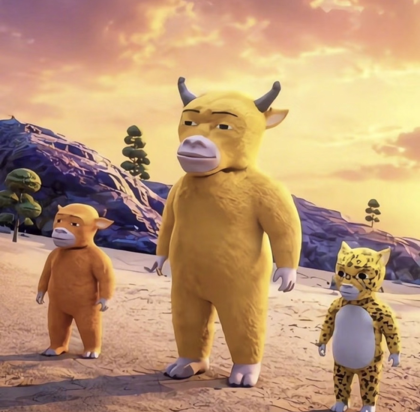 Still from Niu Lai: the calf protagonist stands on a grassland with his mother and Baola the panther